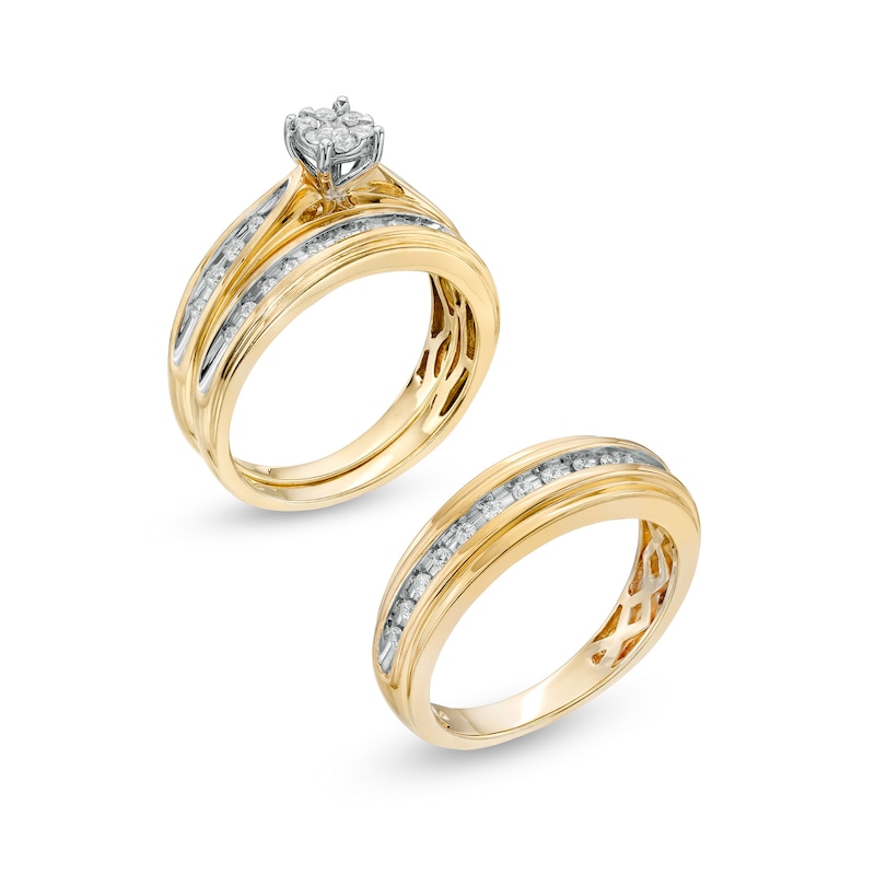 Main Image 4 of 1/2 CT. T.W. Composite Diamond Wedding Ensemble in 10K Two-Tone Gold - Size 7 and 10.5