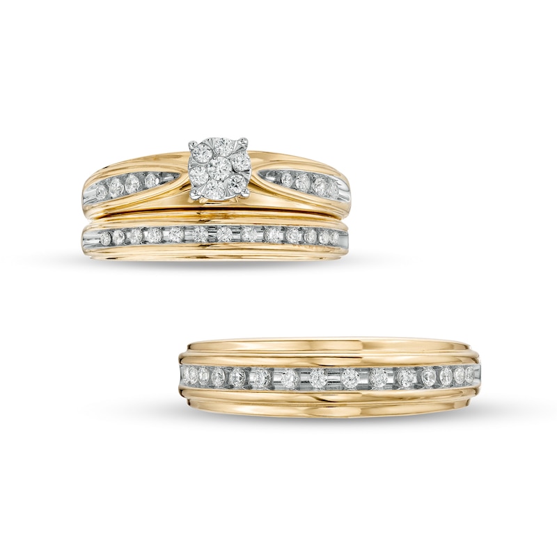 Main Image 5 of 1/2 CT. T.W. Composite Diamond Wedding Ensemble in 10K Two-Tone Gold - Size 7 and 10.5