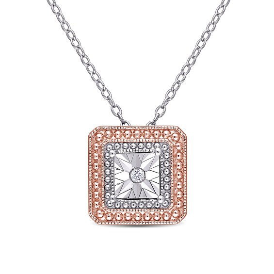 Diamond Accent Square Frame Vintage-Style Pendant in Sterling Silver with Rose Rhodium Diamond Accent Square Frame Vintage-Style Pendant in Sterling Silver with Rose Rhodium