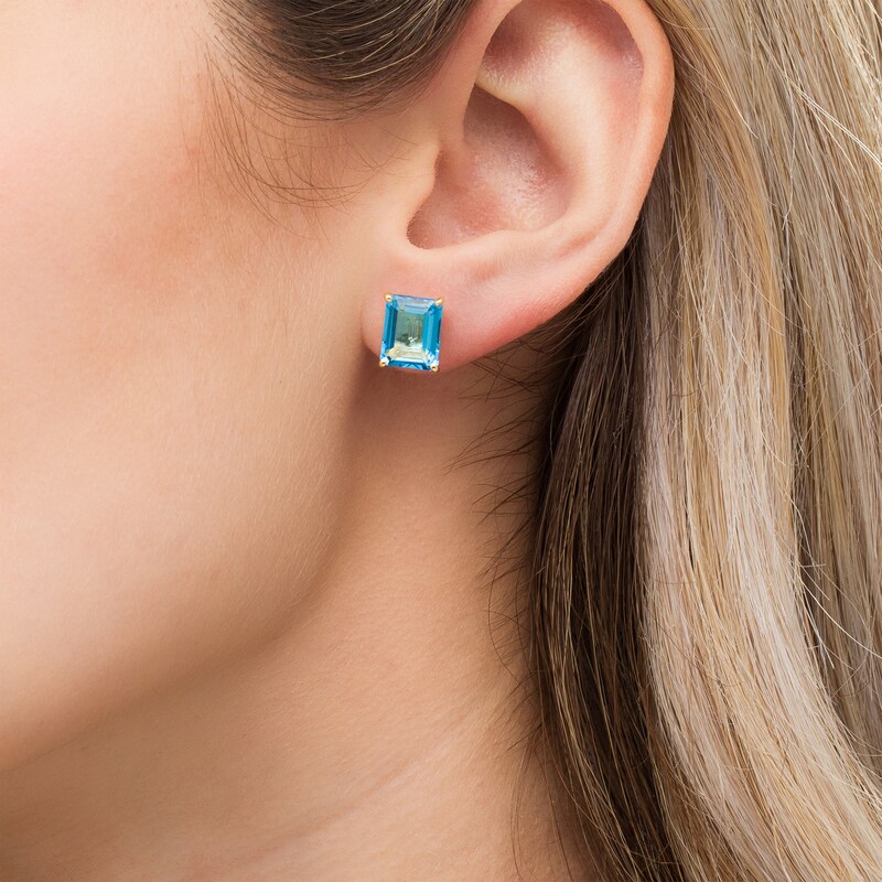 Main Image 2 of Emerald-Cut Swiss Blue Topaz Solitaire Stud Earrings in Sterling Silver with 18K Gold Plate