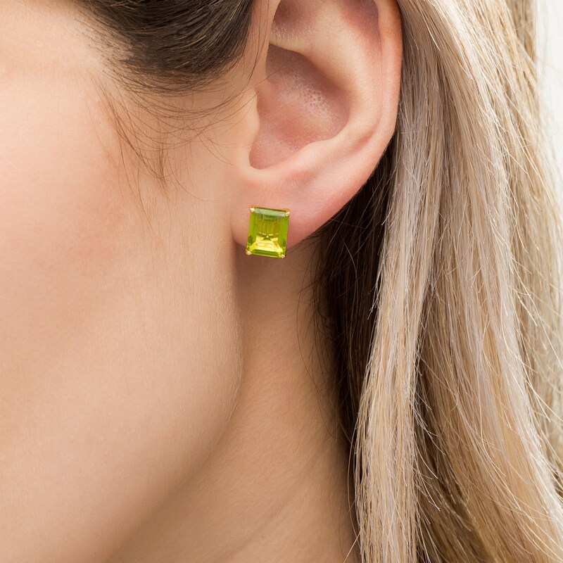 Main Image 2 of Emerald-Cut Peridot Solitaire Stud Earrings in Sterling Silver with 18K Gold Plate
