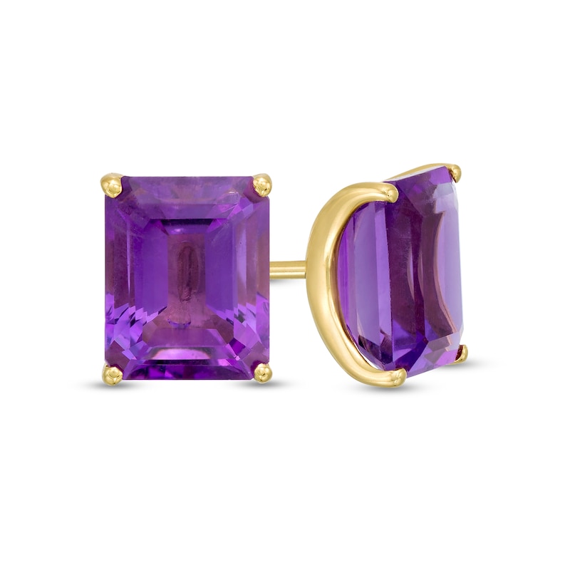 Main Image 1 of Emerald-Cut Amethyst Solitaire Stud Earrings in Sterling Silver with 18K Gold Plate