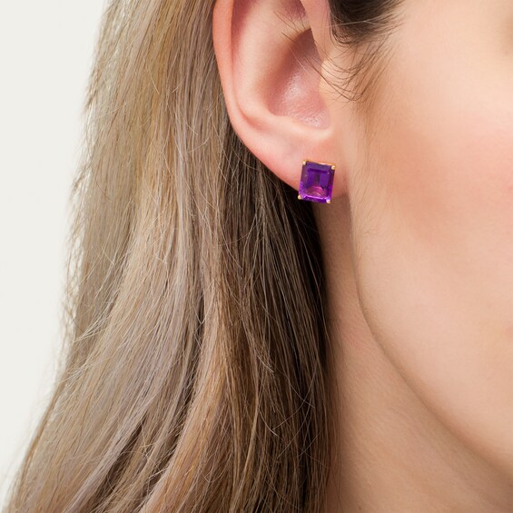 Emerald-Cut Amethyst Solitaire Stud Earrings in Sterling Silver with 18K Gold Plate