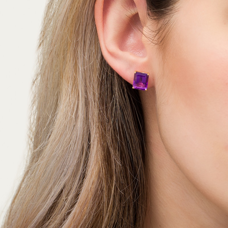 Main Image 2 of Emerald-Cut Amethyst Solitaire Stud Earrings in Sterling Silver with 18K Gold Plate