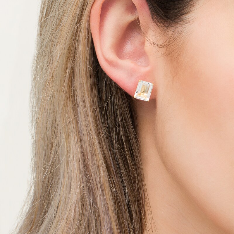 Main Image 2 of Emerald-Cut White Topaz Solitaire Stud Earrings in Sterling Silver with 18K Gold Plate
