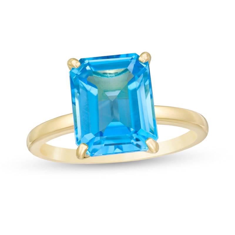 Main Image 1 of Emerald-Cut Swiss Blue Topaz Solitaire Ring in Sterling Silver with 18K Gold Plate - Size 7