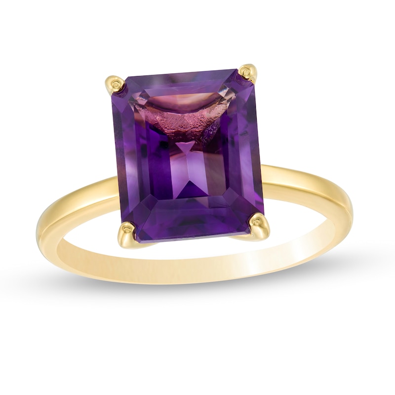 Main Image 1 of Emerald-Cut Amethyst Solitaire Ring in Sterling Silver with 18K Gold Plate - Size 7