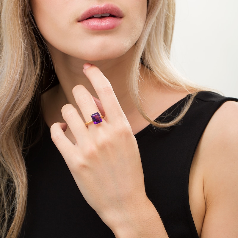 Main Image 2 of Emerald-Cut Amethyst Solitaire Ring in Sterling Silver with 18K Gold Plate - Size 7
