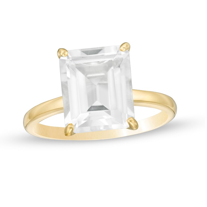 Main Image 1 of Emerald-Cut White Topaz Solitaire Ring in Sterling Silver with 18K Gold Plate - Size 7