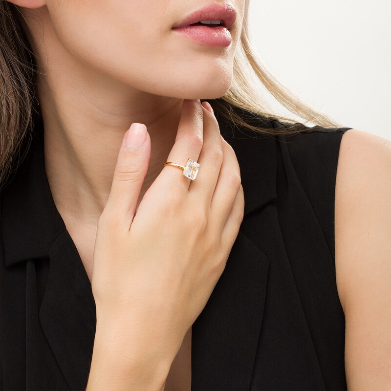 Main Image 2 of Emerald-Cut White Topaz Solitaire Ring in Sterling Silver with 18K Gold Plate - Size 7
