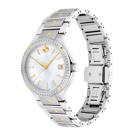 Ladies' Movado SE 1/5 CT. T.w. Diamond Two-Tone PVD Watch with Mother-of-Pearl Dial (Model: 607517)