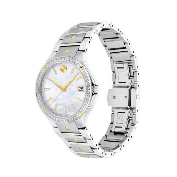 Ladies' Movado SE 1/5 CT. T.w. Diamond Two-Tone PVD Watch with Mother-of-Pearl Dial (Model: 607517)