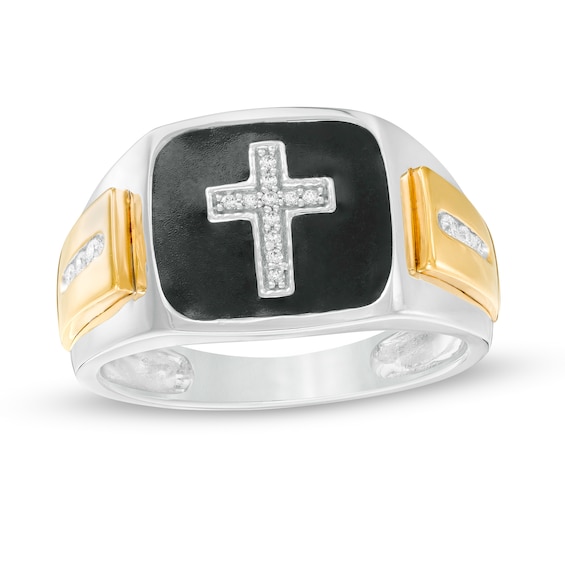 Men's 1/8 CT. T.w. Diamond Cross and Black Enamel Square-Top Stepped Edge Ring in 10K Two-Tone Gold