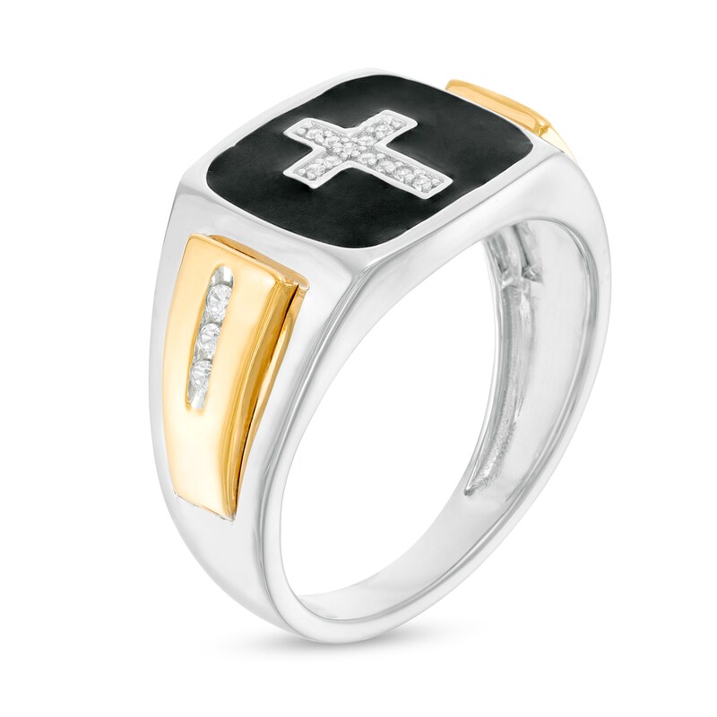 Main Image 3 of 1/8 CT. T.W. Diamond Cross and Black Enamel Square-Top Stepped Edge Ring in 10K Two-Tone Gold