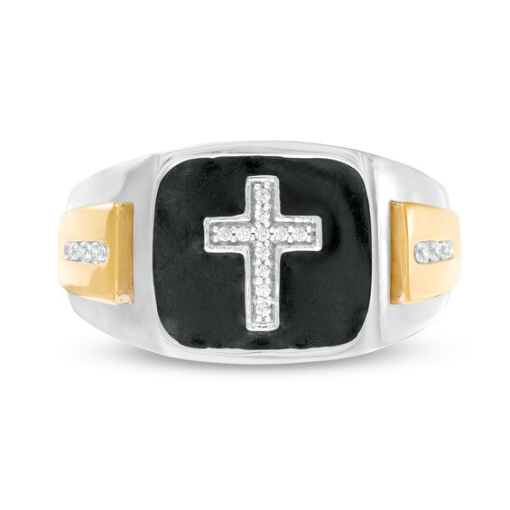 1/8 CT. T.w. Diamond Cross and Black Enamel Square-Top Stepped Edge Ring in 10K Two-Tone Gold