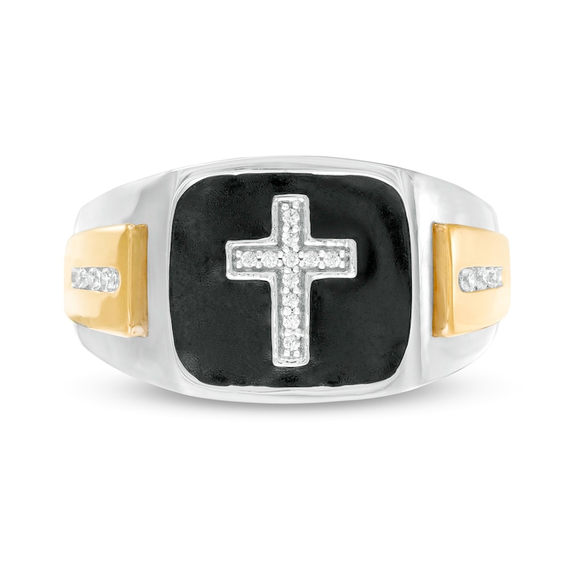 Main Image 4 of 1/8 CT. T.W. Diamond Cross and Black Enamel Square-Top Stepped Edge Ring in 10K Two-Tone Gold
