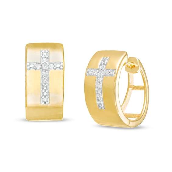 Men's 1/20 CT. T.w. Diamond Cross Wide Huggie Hoop Earrings in 10K Gold