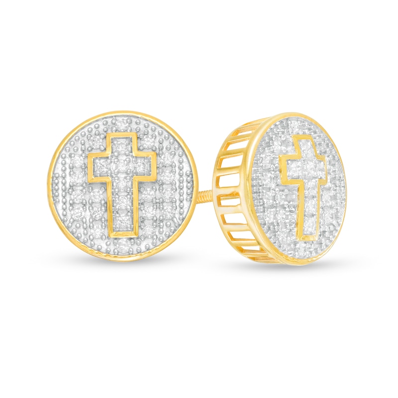 Men's 1/4 CT. T.W. Diamond Beaded  Cross Round Stud Earrings in 10K Gold