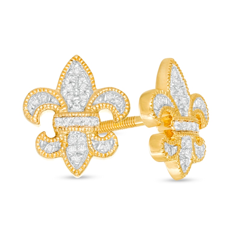 Main Image 1 of Men's 1/10 CT. T.W. Diamond Vintage-Style Fleur-de-Lis Stud Earrings in 10K Gold