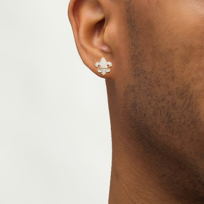 Main Image 2 of Men's 1/10 CT. T.W. Diamond Vintage-Style Fleur-de-Lis Stud Earrings in 10K Gold