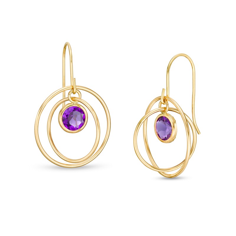 5.0mm Amethyst Solitaire Dangle Open Circles Orbit Drop Earrings in 10K Gold