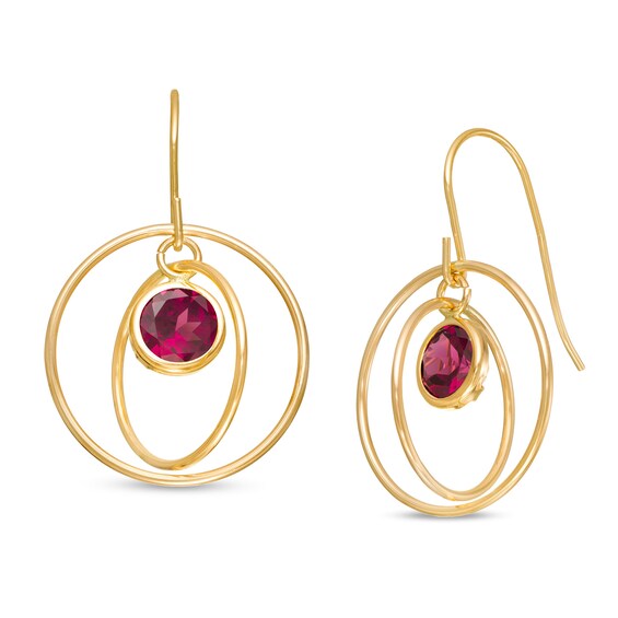 5.0mm Rhodolite Garnet Solitaire Dangle Open Circles Orbit Drop Earrings in 10K Gold