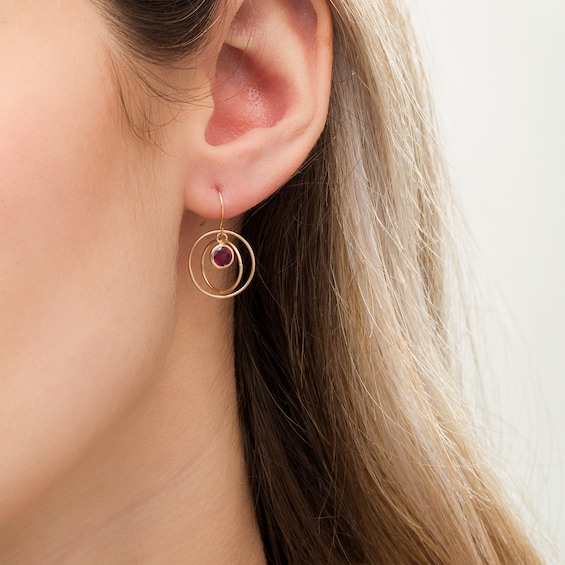 5.0mm Rhodolite Garnet Solitaire Dangle Open Circles Orbit Drop Earrings in 10K Gold