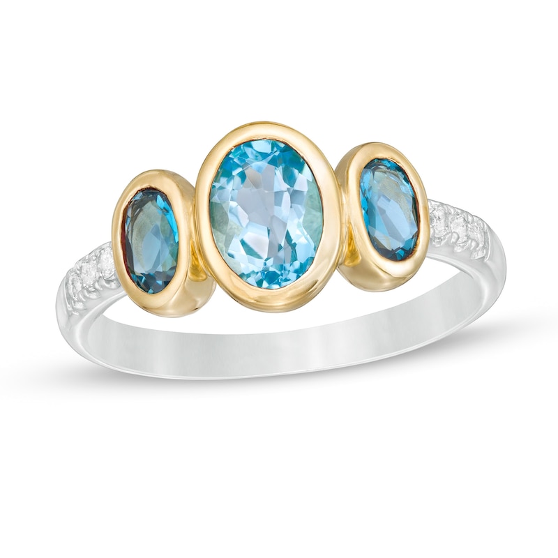Oval Swiss and London Blue and White Topaz Three Stone Ring in Sterling Silver and 14K Gold Plate