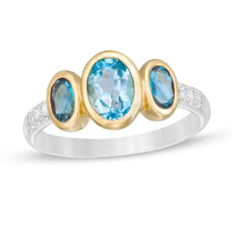Main Image 1 of Oval Swiss and London Blue and White Topaz Three Stone Ring in Sterling Silver and 14K Gold Plate