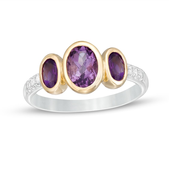 Oval Rose de France and Purple Amethyst and White Topaz Three Stone Ring in Sterling Silver and 14K Gold Plate