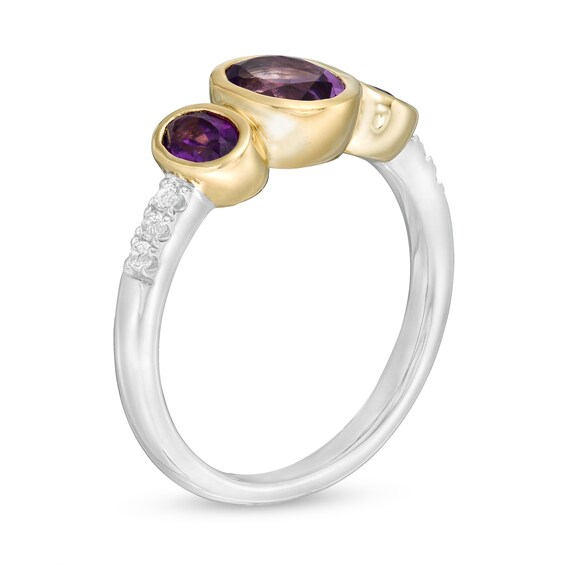 Oval Rose de France and Purple Amethyst and White Topaz Three Stone Ring in Sterling Silver and 14K Gold Plate