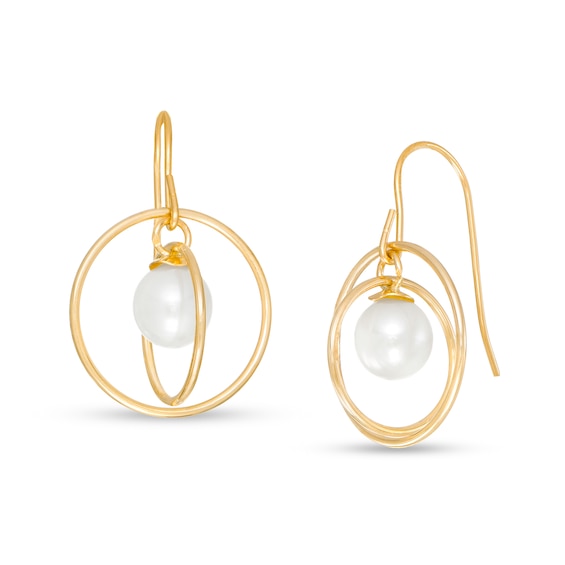 5.0mm Freshwater Cultured Pearl Dangle Open Circles Orbit Drop Earrings in 10K Gold