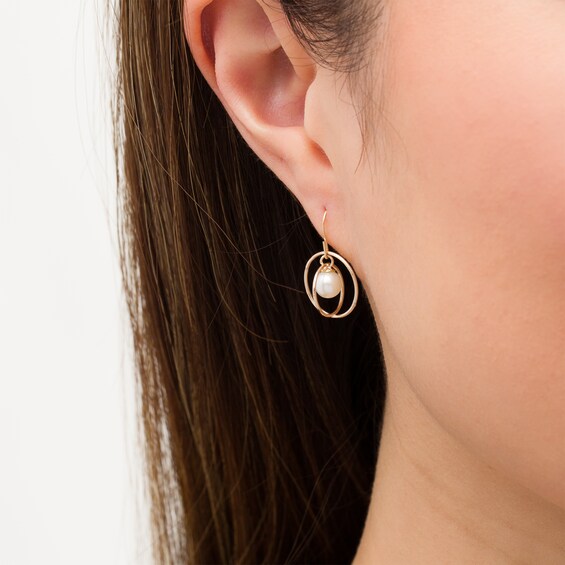 5.0mm Freshwater Cultured Pearl Dangle Open Circles Orbit Drop Earrings in 10K Gold