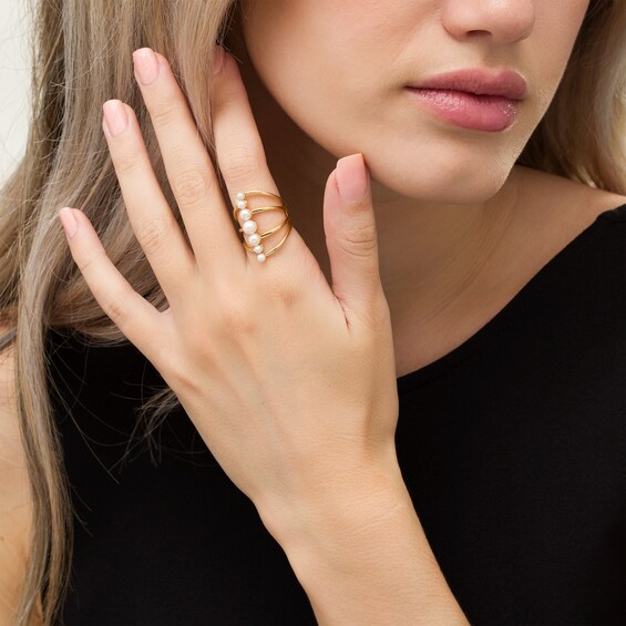 3.0-5.0mm Freshwater Cultured Pearl Graduated Linear Multi-Row Split Shank Ring in 10K Gold