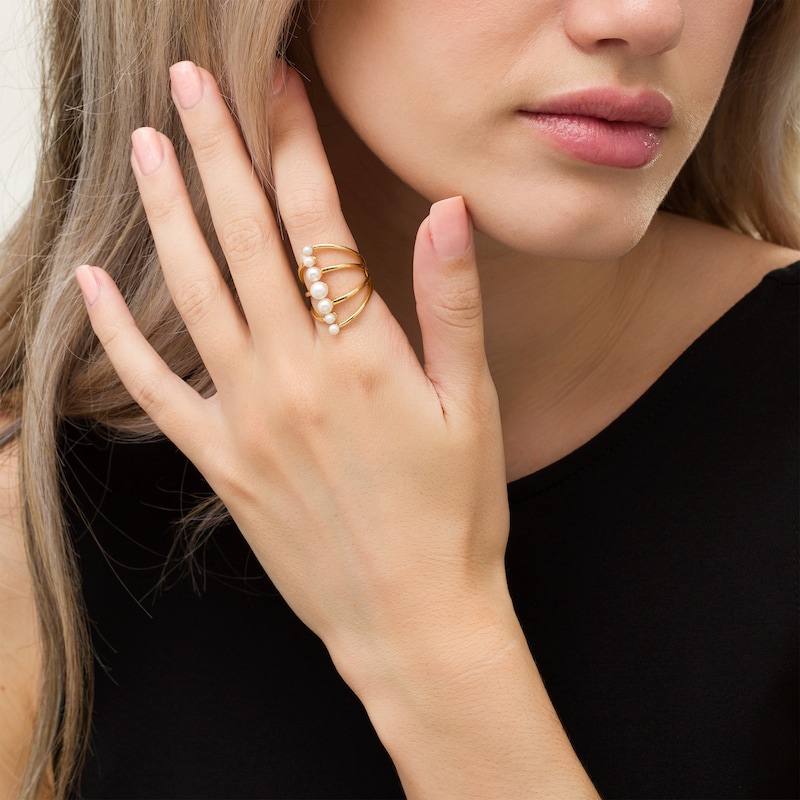 Main Image 2 of 3.0-5.0mm Freshwater Cultured Pearl Graduated Linear Multi-Row Split Shank Ring in 10K Gold