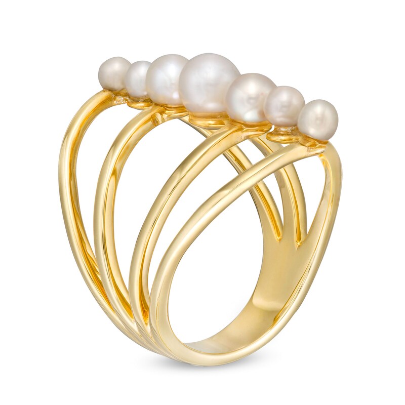 Main Image 3 of 3.0-5.0mm Freshwater Cultured Pearl Graduated Linear Multi-Row Split Shank Ring in 10K Gold