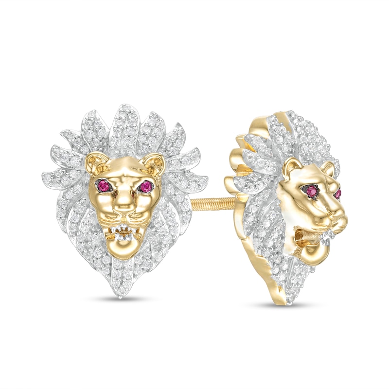 Main Image 1 of 1/2 CT. T.W. Diamond and Lab-Created Ruby Lion Head Stud Earrings in 10K Gold