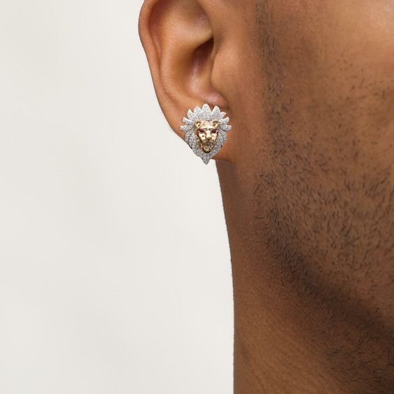 1/2 CT. T.w. Diamond and Lab-Created Ruby Lion Head Stud Earrings in 10K Gold