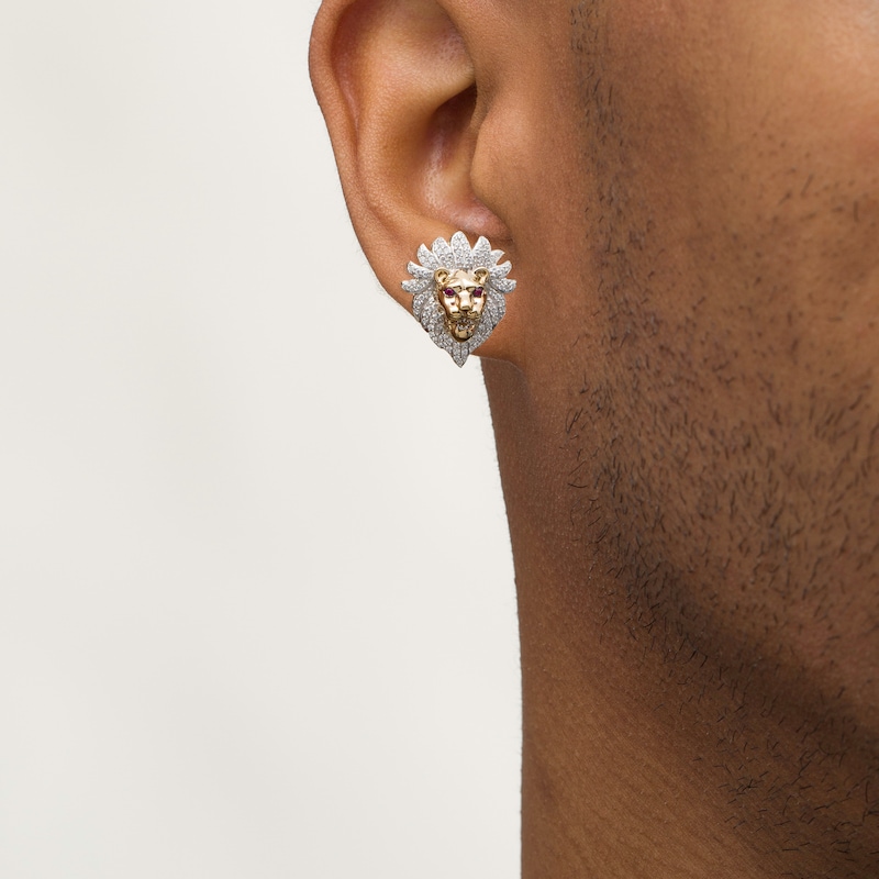 Main Image 2 of 1/2 CT. T.W. Diamond and Lab-Created Ruby Lion Head Stud Earrings in 10K Gold