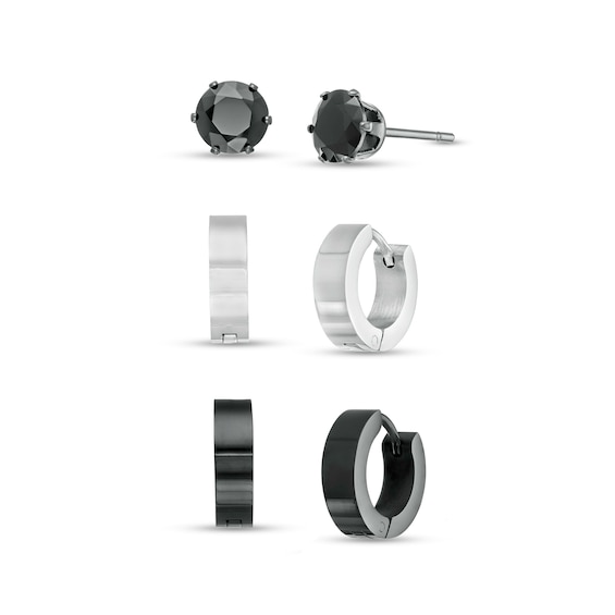 6.0mm Black Spinel Solitaire Stud and Huggie Hoop Earrings Set in Stainless Steel and Black Ion-Plate