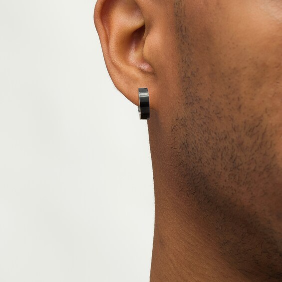 6.0mm Black Spinel Solitaire Stud and Huggie Hoop Earrings Set in Stainless Steel and Black Ion-Plate