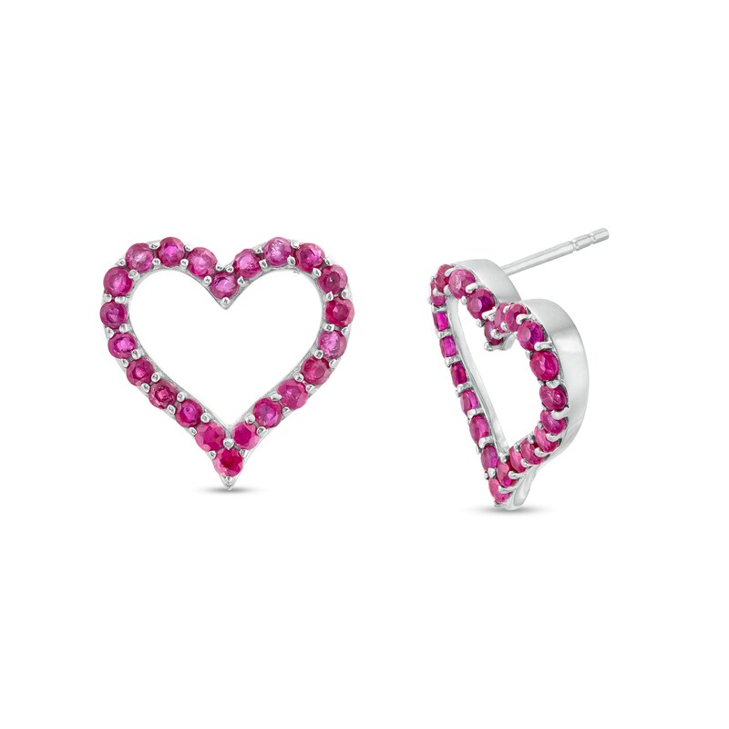 Main Image 1 of Ruby Heart Outline Stud Earrings in Sterling Silver