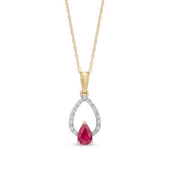 Pear-Shaped Ruby and 1/20 CT. T.w. Diamond Double Teardrop Pendant in 10K Gold