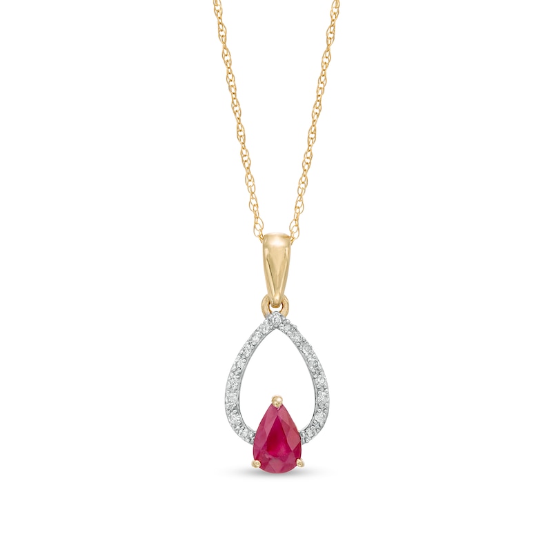 Main Image 1 of Pear-Shaped Ruby and 1/20 CT. T.W. Diamond Double Teardrop Pendant in 10K Gold