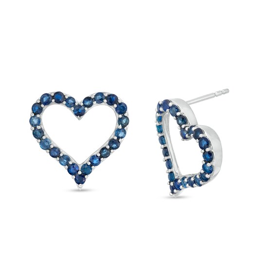Blue Sapphire Heart Outline Stud Earrings in Sterling Silver