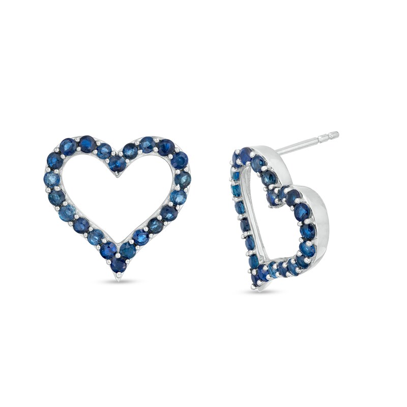 Main Image 1 of Blue Sapphire Heart Outline Stud Earrings in Sterling Silver