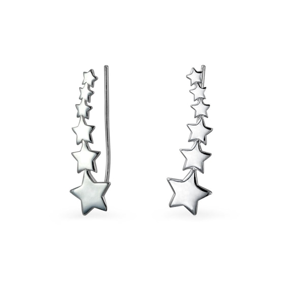 Graduated Puff Star Curve Crawler Earrings in Sterling Silver