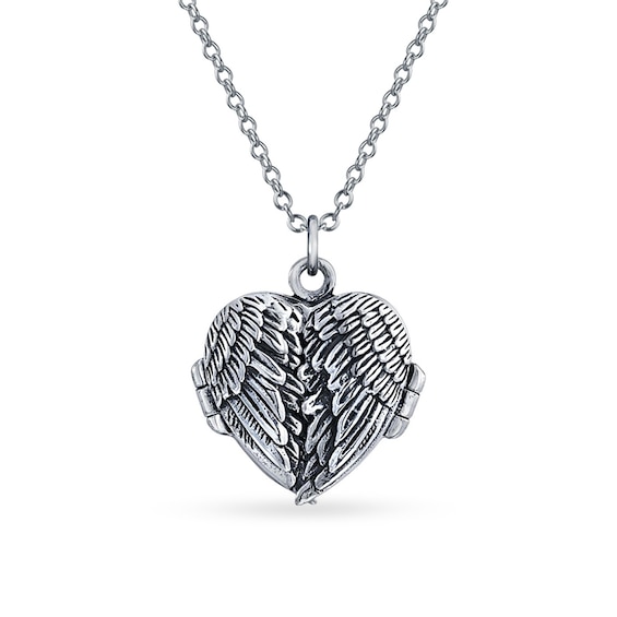 Oxidized Angel Wings Heart Locket in Sterling Silver