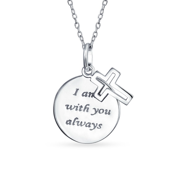 "I am with you always" Disc with Cross Outline Charm Pendant in Sterling Silver