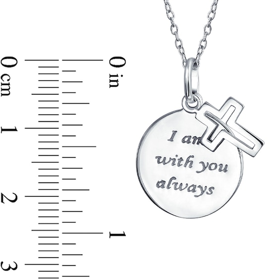 "I am with you always" Disc with Cross Outline Charm Pendant in Sterling Silver